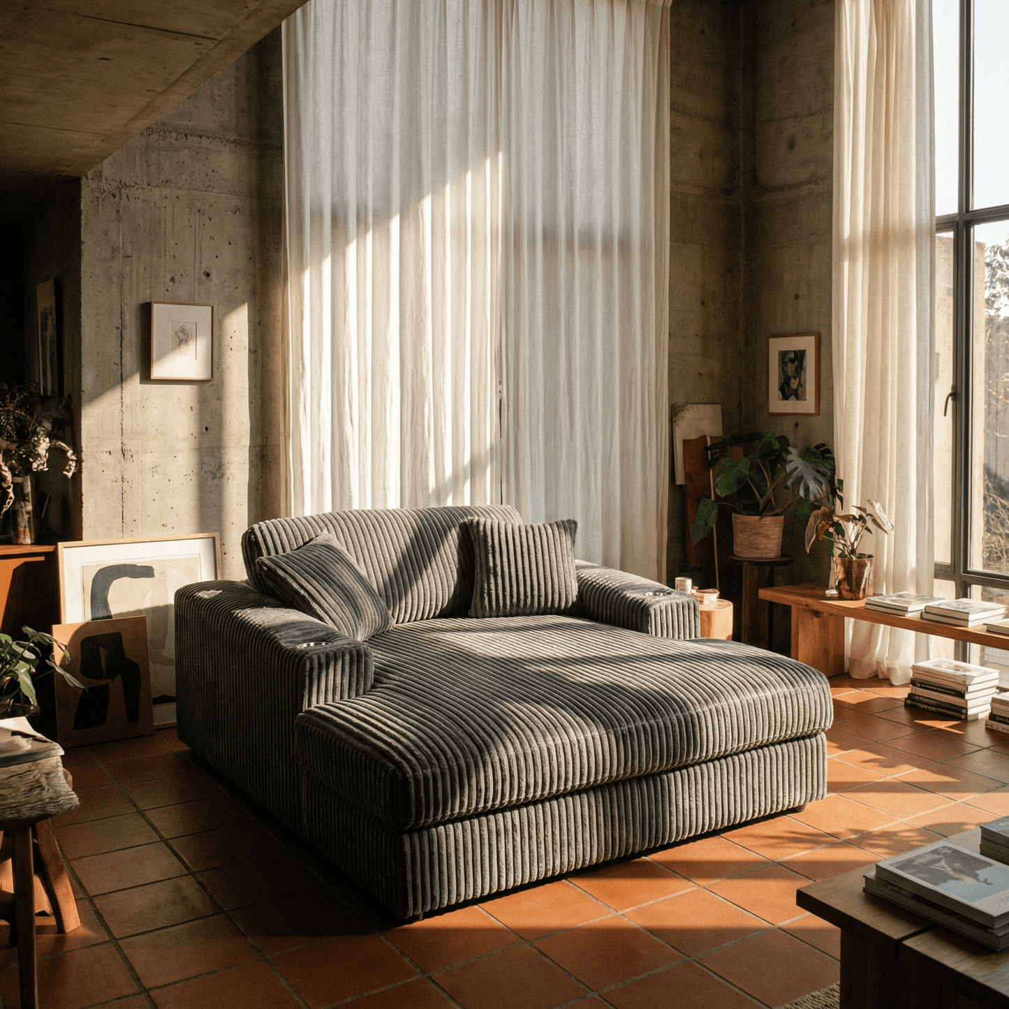 Oversized Gray Lounge Chair Corduroy with Cup Holder & 2 Pillows