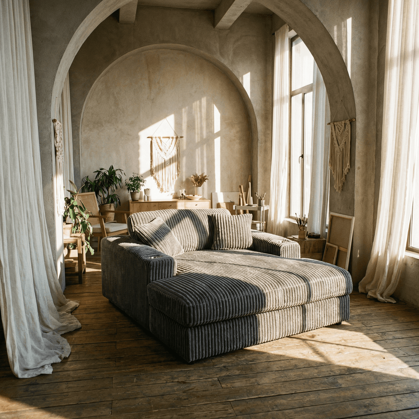 Oversized Gray Lounge Chair Corduroy with Cup Holder & 2 Pillows