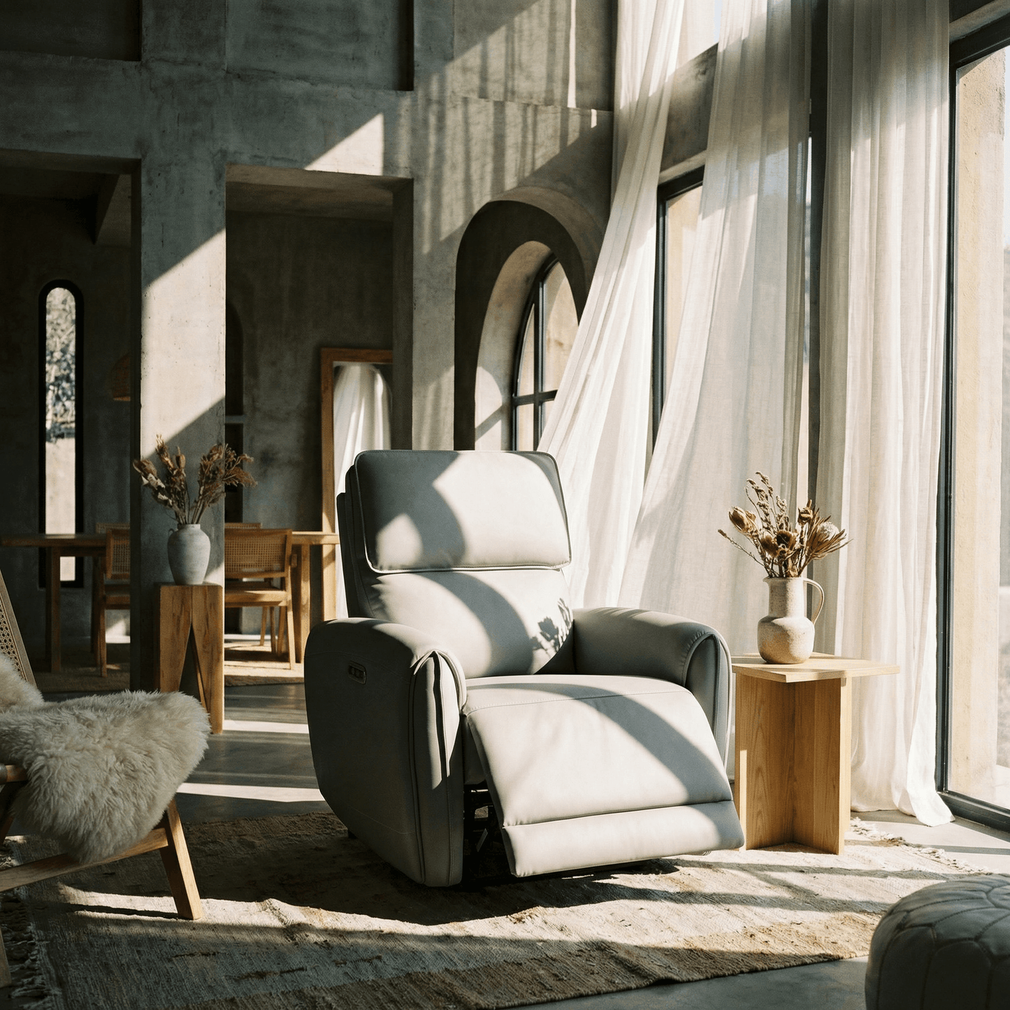 Gray PU Leather Power Recliner Chair with USB Port – Modern Motion Lounge Chair in a stylish living room setting.