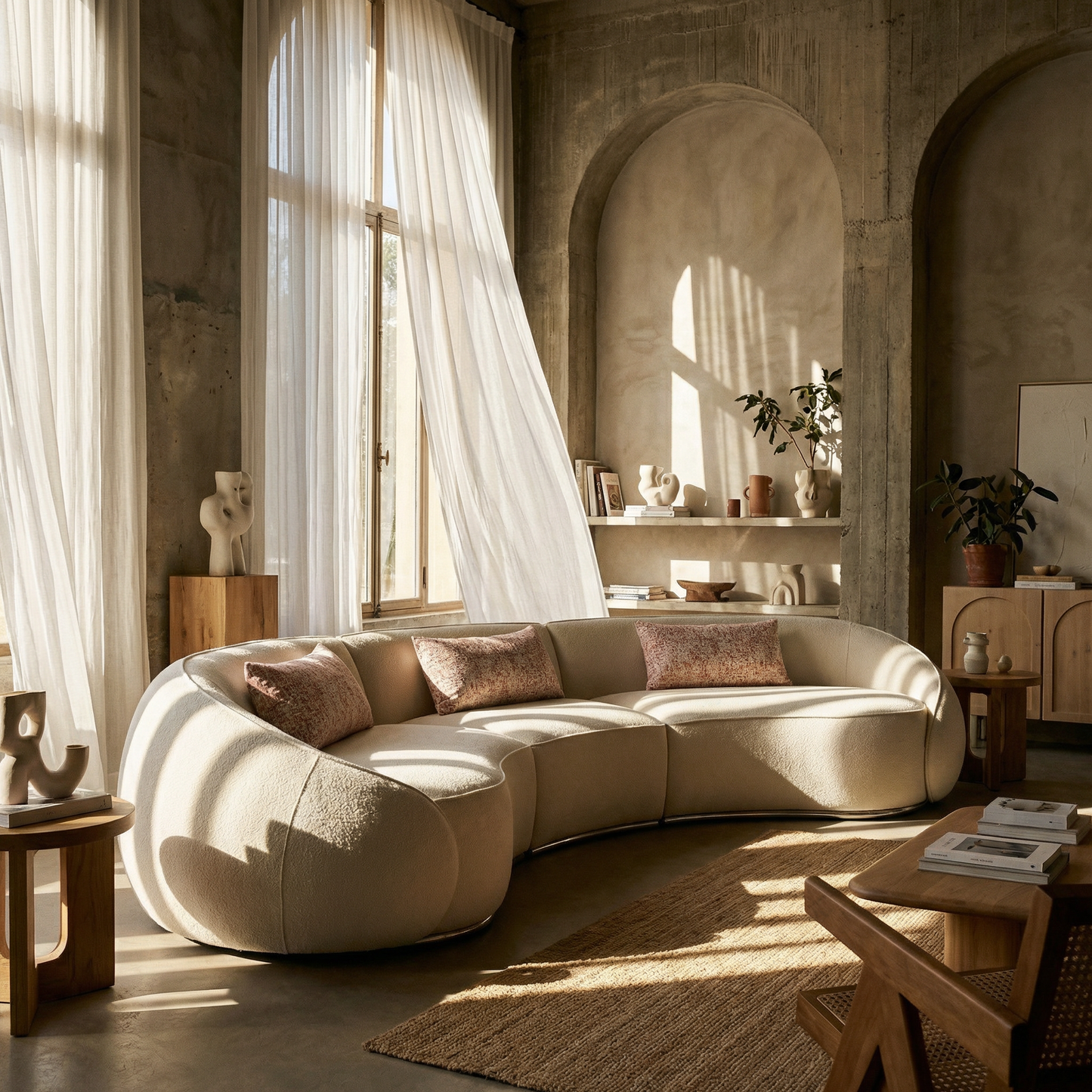 Beige Boucle Curved Modular Sectional Sofa – Modern Sculptural Couch (3–4 Seat) in a stylish living room setting.