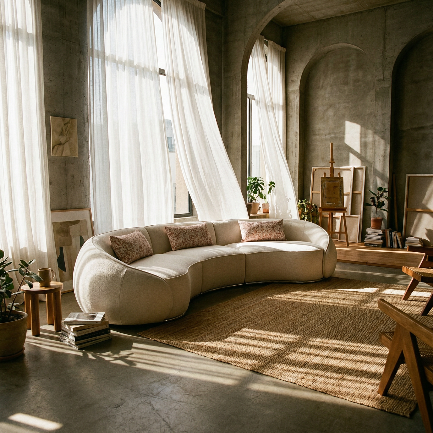 Beige Boucle Curved Modular Sectional Sofa – Modern Sculptural Couch (3–4 Seat) in a sunlit living room setting.