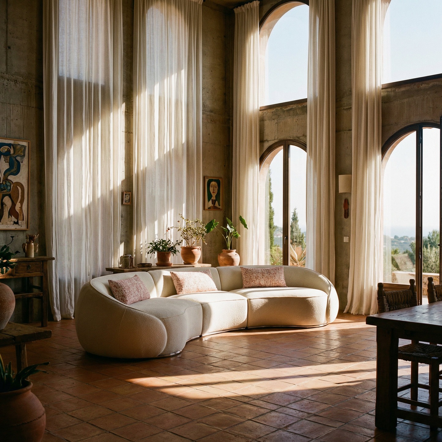 Beige Boucle Curved Modular Sectional Sofa – Modern Sculptural Couch (3–4 Seat) in a sunlit living room.