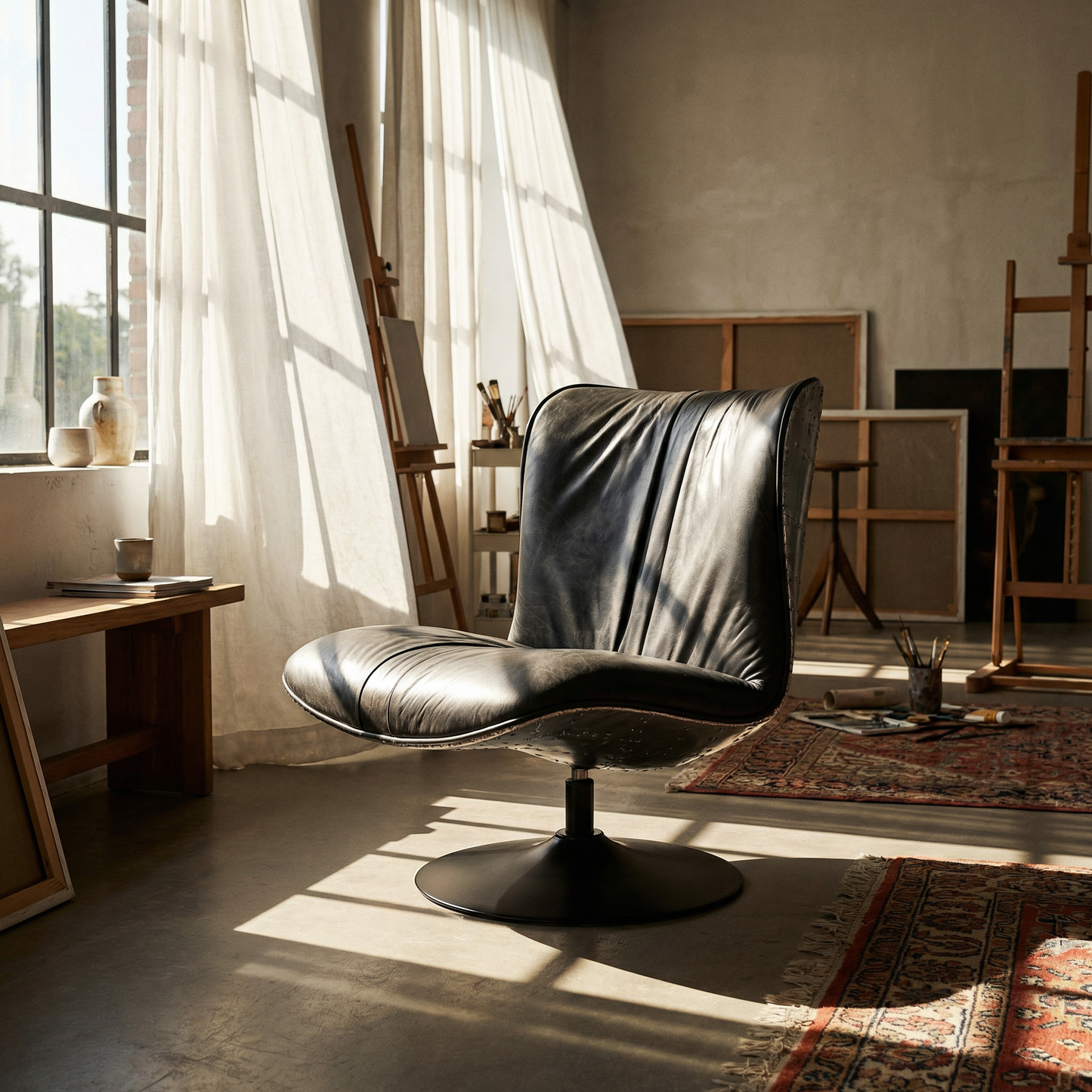 Black Top-Grain Leather Armless Swivel Chair – Modern Accent Lounge Chair in an elegantly lit room.
