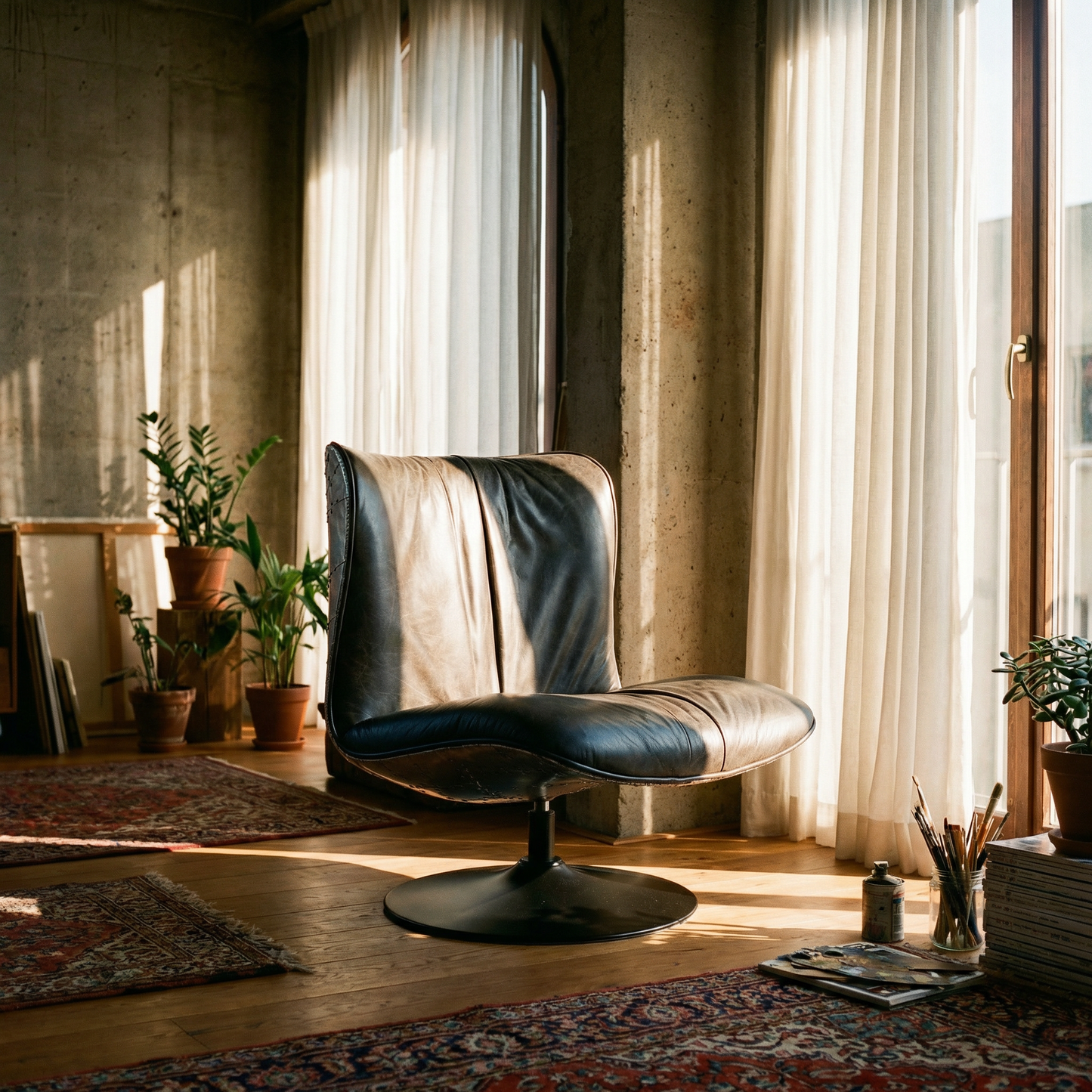 Black Top-Grain Leather Armless Swivel Chair – Modern Accent Lounge Chair in a bright, stylish indoor setting.