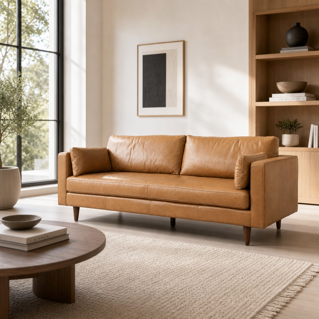 88" Modern Tan Leather Sofa with Solid Wood Legs & Toss Pillows