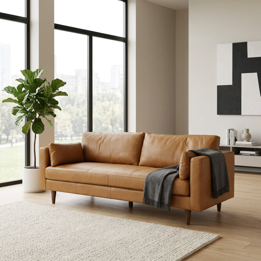 88" Modern Tan Leather Sofa with Solid Wood Legs & Toss Pillows