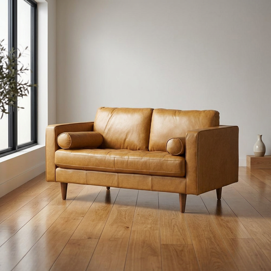 65" Modern Tan Leather Sofa with Solid Wood Legs & Pillow Top Arms
