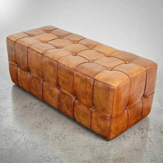 Benjiro 47" Genuine Leather Button Tufted Rectangular Ottoman with Solid Wood Frame