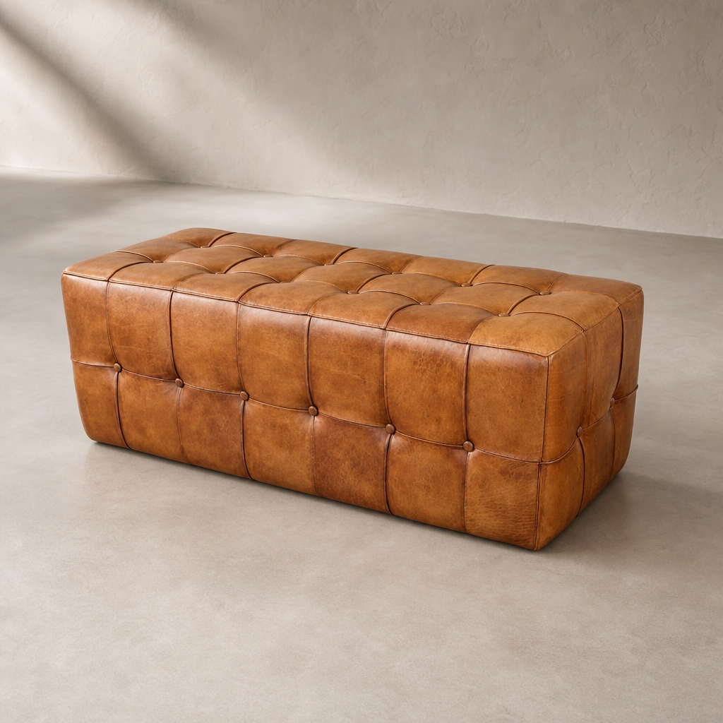 Benjiro 47" Genuine Leather Button Tufted Rectangular Ottoman with Solid Wood Frame