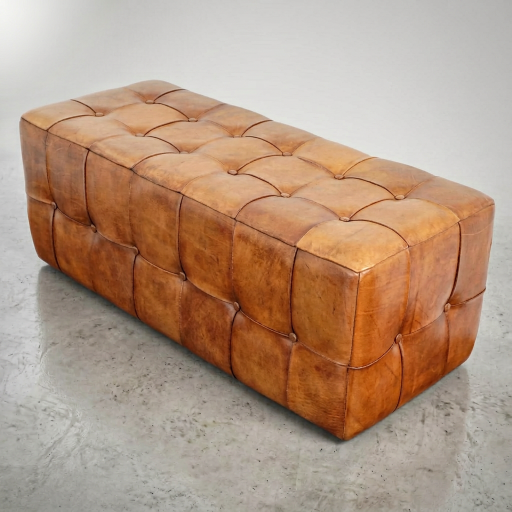 Benjiro 47" Genuine Leather Button Tufted Rectangular Ottoman with Solid Wood Frame