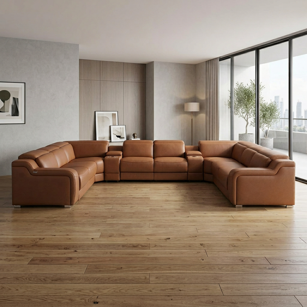 161" Chestnut Italian Leather Power Reclining U-Shaped 10-Piece Sectional with Console, USB Ports & Top Grain Leather