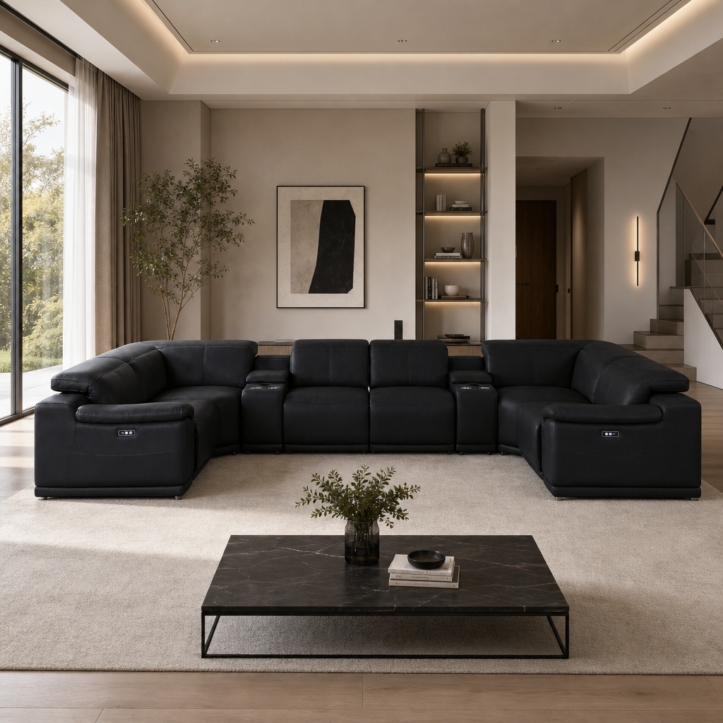 174" Black Top Grain Leather Power Reclining U-Shaped Modular Sectional with Console & USB Ports