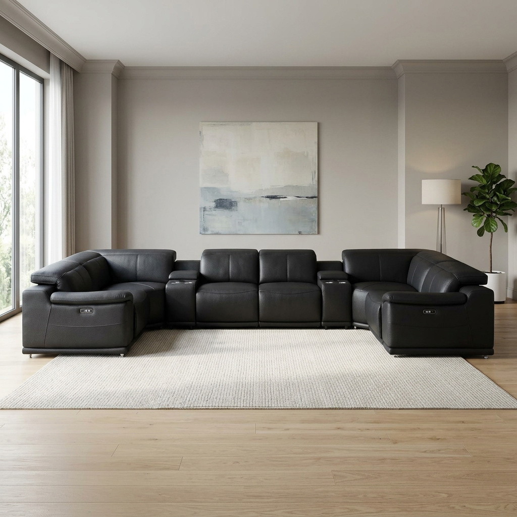 174" Black Top Grain Leather Power Reclining U-Shaped Modular Sectional with Console & USB Ports