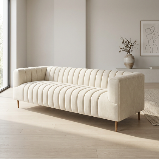 90" Ivory Velvet Sofa And Toss Pillows With Gold Legs