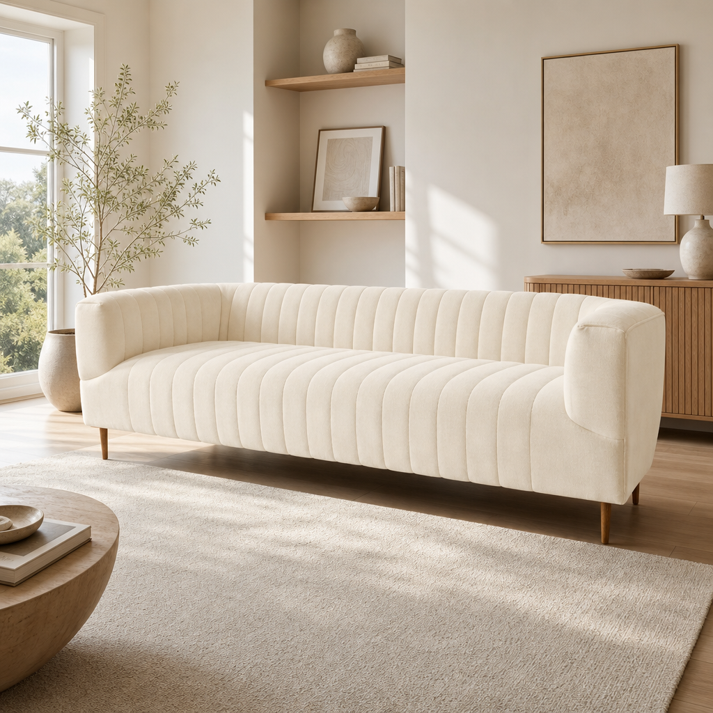 90" Ivory Velvet Sofa And Toss Pillows With Gold Legs