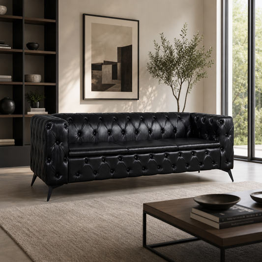Tufted Faux Leather Square Arm Sofa 84" – Mid-Century Modern Couch (3 Colors)