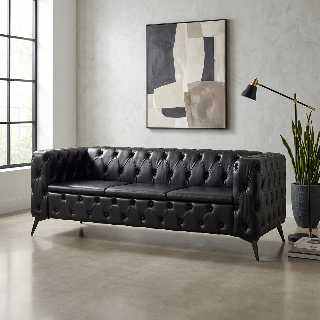 Tufted Faux Leather Square Arm Sofa 84" – Mid-Century Modern Couch (3 Colors)