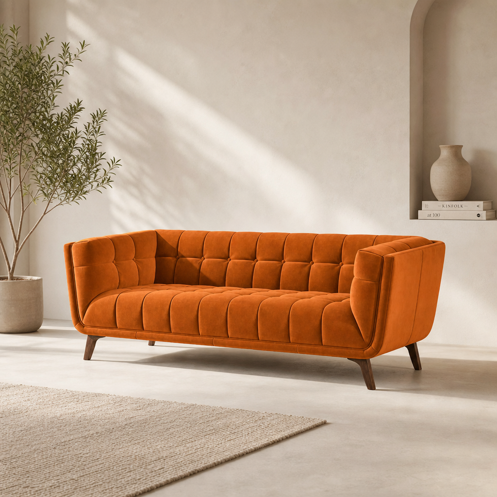 Modern Tufted Sofa 86” – Addison MCM Velvet or Boucle Couch (9 Colors)