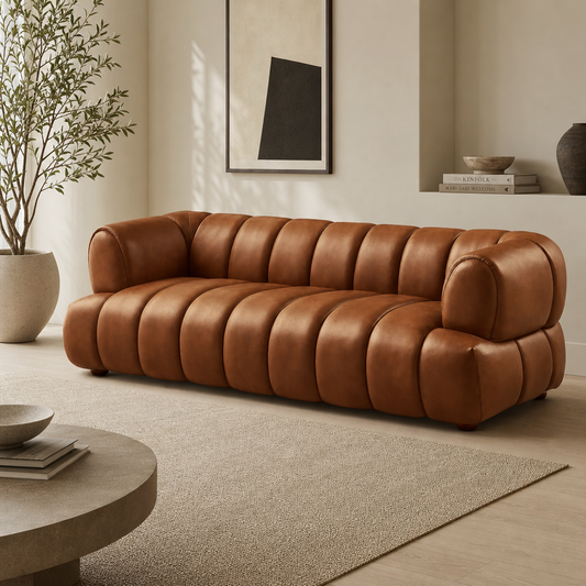 Jasmin Channel Tufted Leather Sofa – 90” Modern Genuine Leather Couch (Brown)