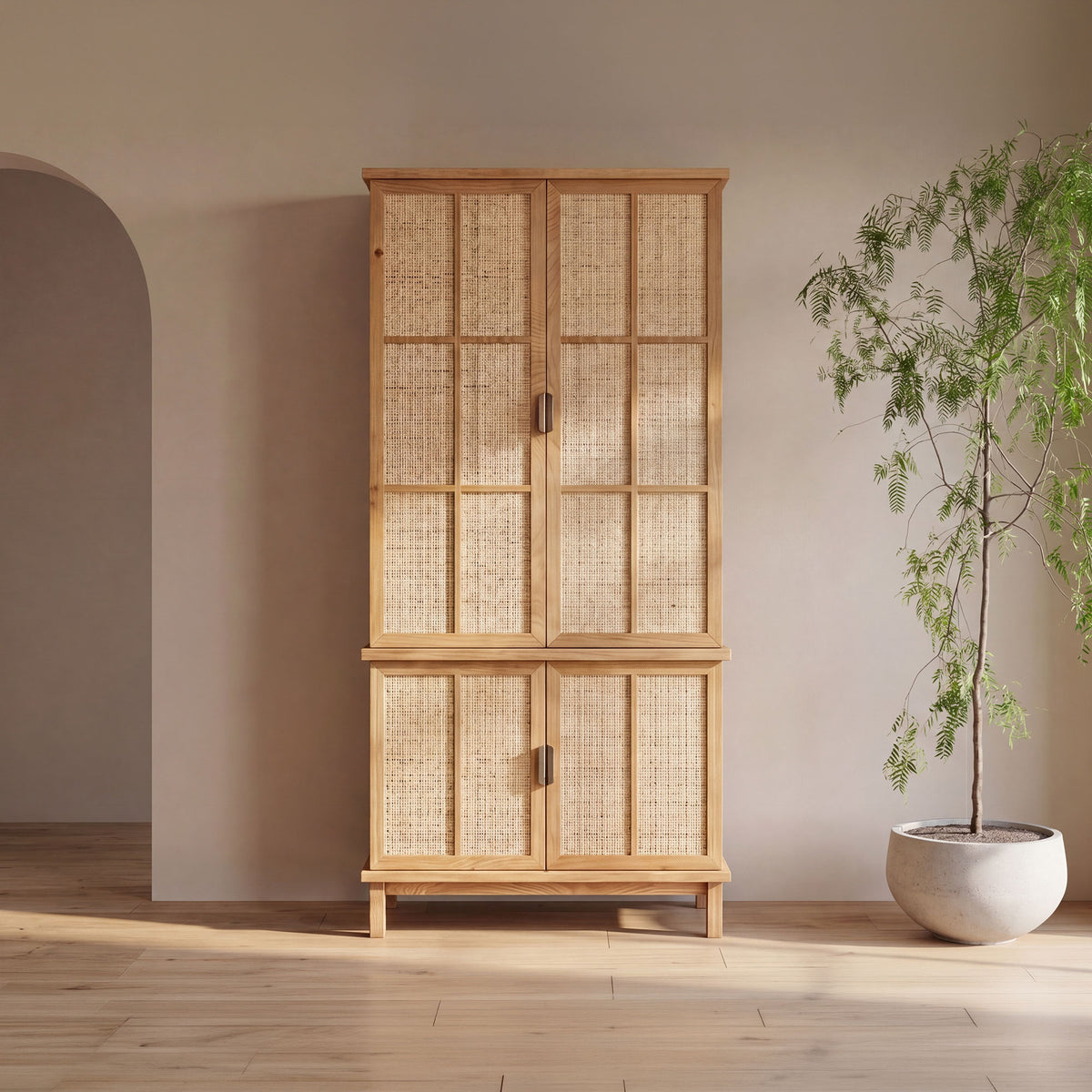 Seymour Tall Cabinet – 38" Oak and Rattan Tall Cabinet (9)