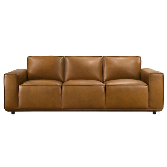 Hanky MCM Genuine Leather Box Arm Sofa 90" – Mid-Century Modern Leather Couch in rich brown leather.