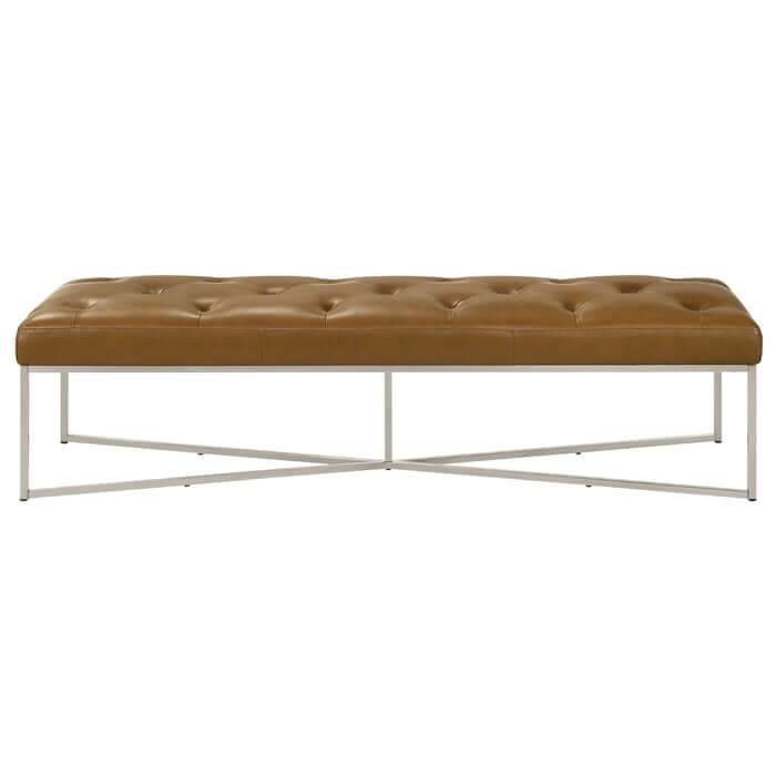 Harper Tufted Leather Bench – 60” Mid-Century Modern Bench (Tan Leather, Metal Frame) in a modern setting.