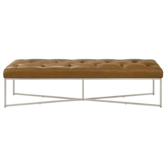 Harper Tufted Leather Bench – 60” Mid-Century Modern Bench (Tan Leather, Metal Frame) in a modern setting.
