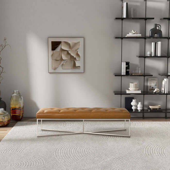 Harper Tufted Leather Bench – 60” Mid-Century Modern Bench (Tan Leather, Metal Frame) in a stylish living room setting.