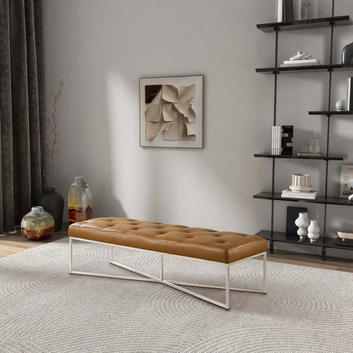 Harper Tufted Leather Bench – 60” Mid-Century Modern Bench (Tan Leather, Metal Frame) in a stylish interior setting.