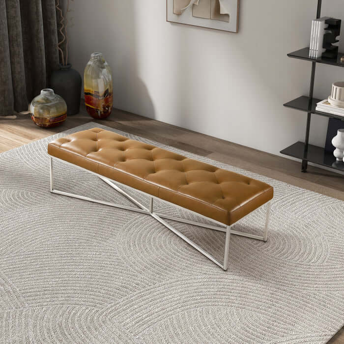 Harper Tufted Leather Bench – 60” Mid-Century Modern Bench (Tan Leather, Metal Frame) in a stylish living room setting.
