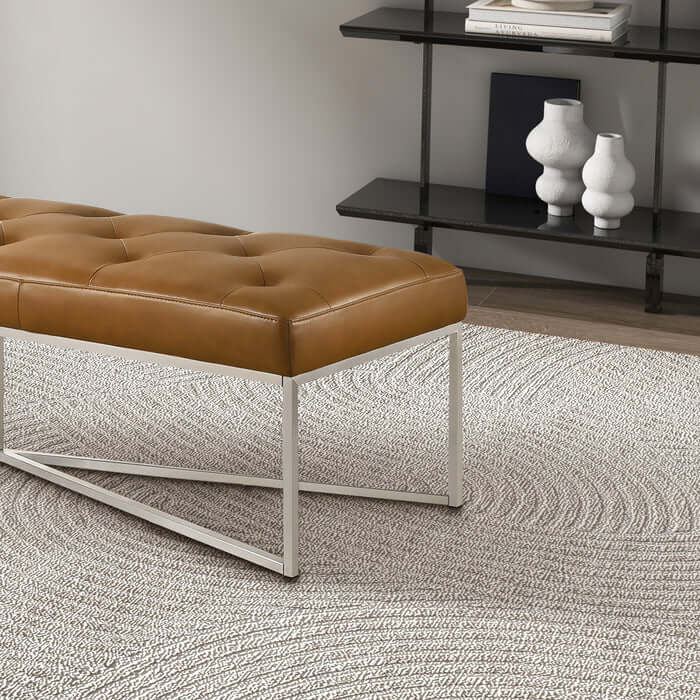 Harper Tufted Leather Bench – 60” Mid-Century Modern Bench (Tan Leather, Metal Frame) on a textured rug.