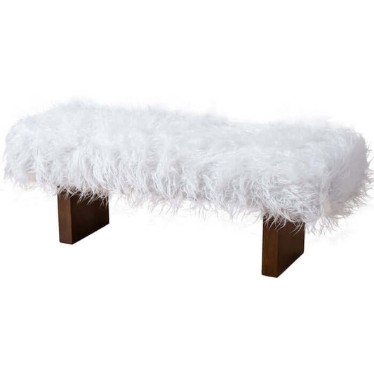 Henley Upholstered White Faux Fur Bench 51" – Solid Walnut Wood Modern Accent Bench with plush white texture.