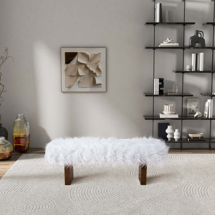 Henley Upholstered White Faux Fur Bench 51" – Solid Walnut Wood Modern Accent Bench in a stylish living room setting.