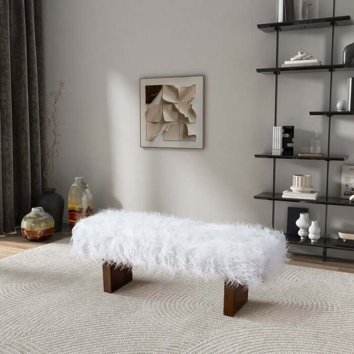 Henley Upholstered White Faux Fur Bench 51" – Solid Walnut Wood Modern Accent Bench in a stylish living space.