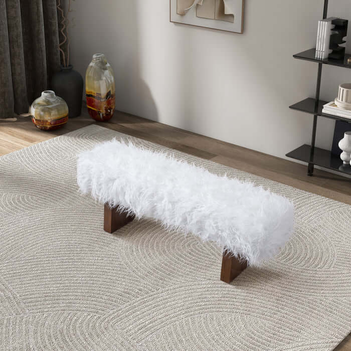 Henley Upholstered White Faux Fur Bench 51" – Solid Walnut Wood Modern Accent Bench in a stylish living room setting.