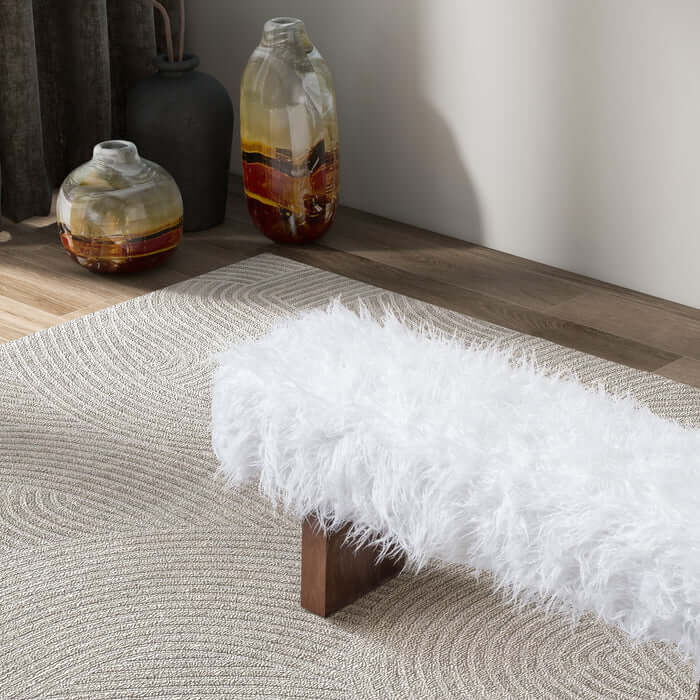 Henley Upholstered White Faux Fur Bench 51" – Solid Walnut Wood Modern Accent Bench on a textured rug with decorative vases.