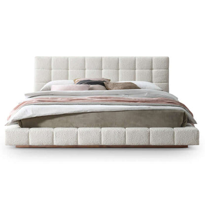 Hudson Channel Tufted Boucle Platform Bed Frame – Ivory White Upholstered Bed (Queen / King) with soft boucle fabric.