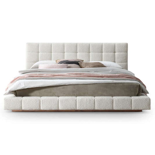 Hudson Channel Tufted Boucle Platform Bed Frame – Ivory White Upholstered Bed (Queen / King) with soft boucle fabric.