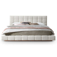 Hudson Channel Tufted Boucle Platform Bed Frame – Ivory White Upholstered Bed (Queen / King) with soft boucle fabric.