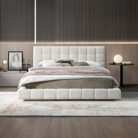 Hudson Channel Tufted Boucle Platform Bed Frame – Ivory White Upholstered Bed (Queen / King) in modern bedroom setting.