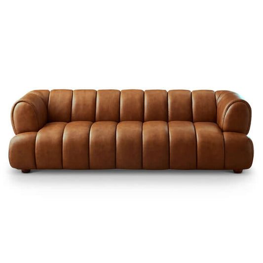 Jasmin Channel Tufted Leather Sofa – 90” Modern Genuine Leather Couch (Brown)