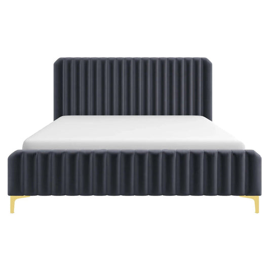 Front view of the Ashcroft Furniture Bethany Tufted Velvet Upholstered Bed Platform, showcasing a tall channel-tufted headboard and footboard, solid wood frame, white bedding, and gold metal legs. Available in 3 colors.