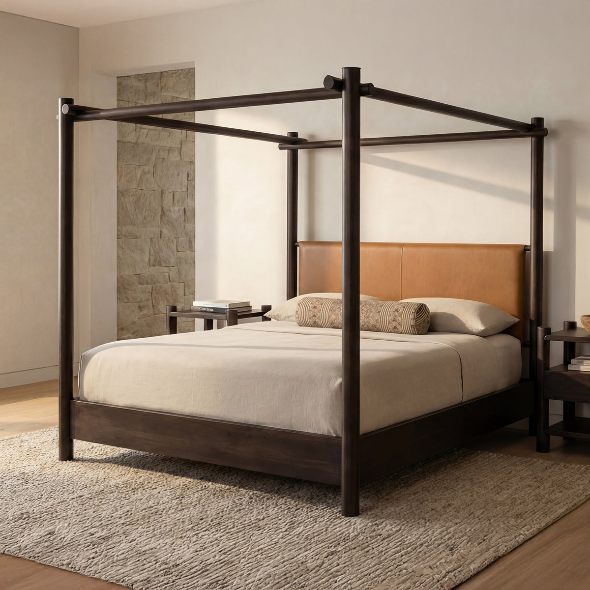 Devin Canopy Bed – 72.5" Queen and 88.5" King Leather and Acacia Bed (25)