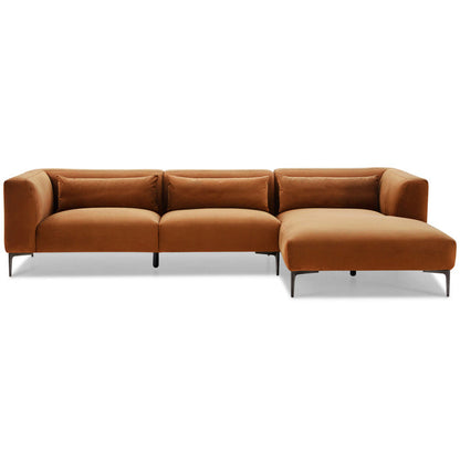The Ashcroft Furniture Laley MCM Right-Facing Chaise Sofa Sectional 122 features plush cushions, rich brown upholstery, low arms, and sleek metal legs—an affordable, stylish upgrade available in three colors.