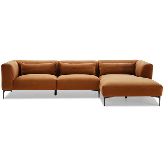 The Ashcroft Furniture Laley MCM Right-Facing Chaise Sofa Sectional 122 features plush cushions, rich brown upholstery, low arms, and sleek metal legs—an affordable, stylish upgrade available in three colors.