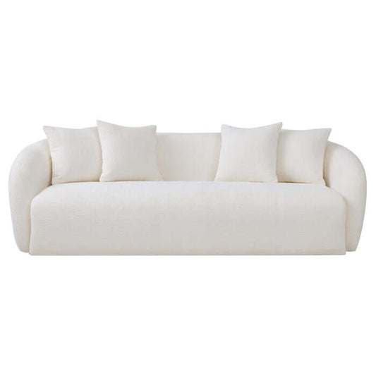 Modern Ivory Boucle Curvy Sofa 85” – Linden Sculptural Contemporary Couch with soft textured fabric and curved silhouette.