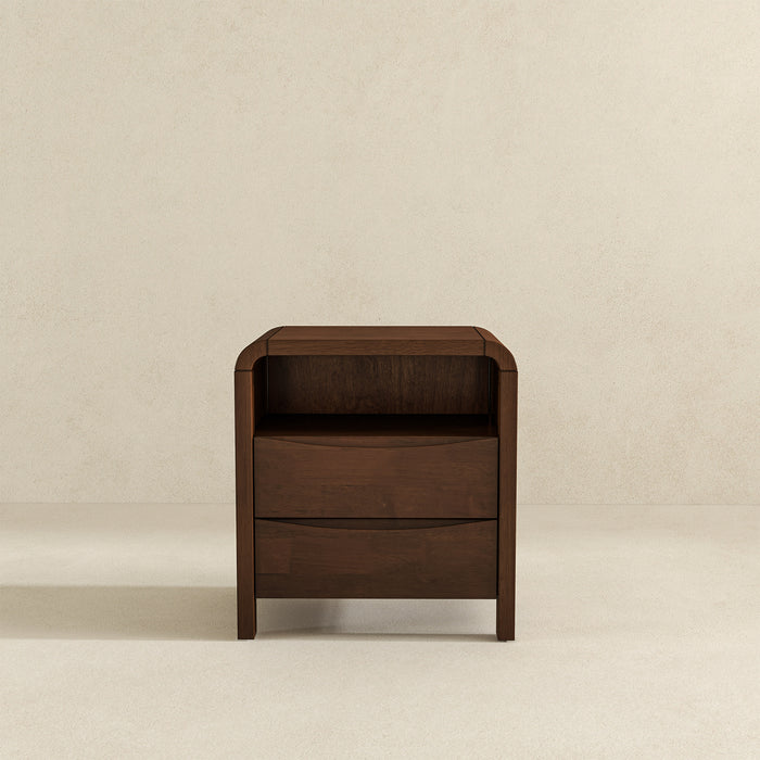 Mid Century Modern Solid Wood Nightstand – 2 Drawer Walnut Bedside Table (23.6” H) with clean lines and rich walnut finish.