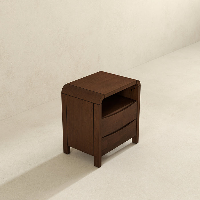 Mid Century Modern Solid Wood Nightstand – 2 Drawer Walnut Bedside Table (23.6” H) displayed in a minimalist setting.