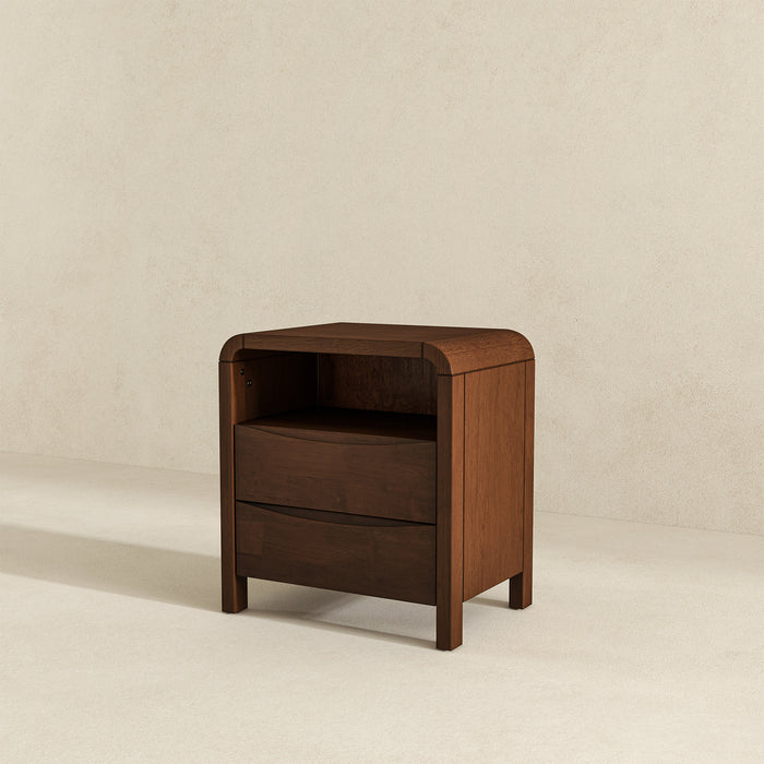 Mid Century Modern Solid Wood Nightstand – 2 Drawer Walnut Bedside Table (23.6” H) in rich walnut finish.