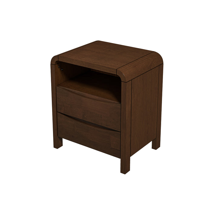 Mid Century Modern Solid Wood Nightstand – 2 Drawer Walnut Bedside Table (23.6” H) with clean lines and rich finish.